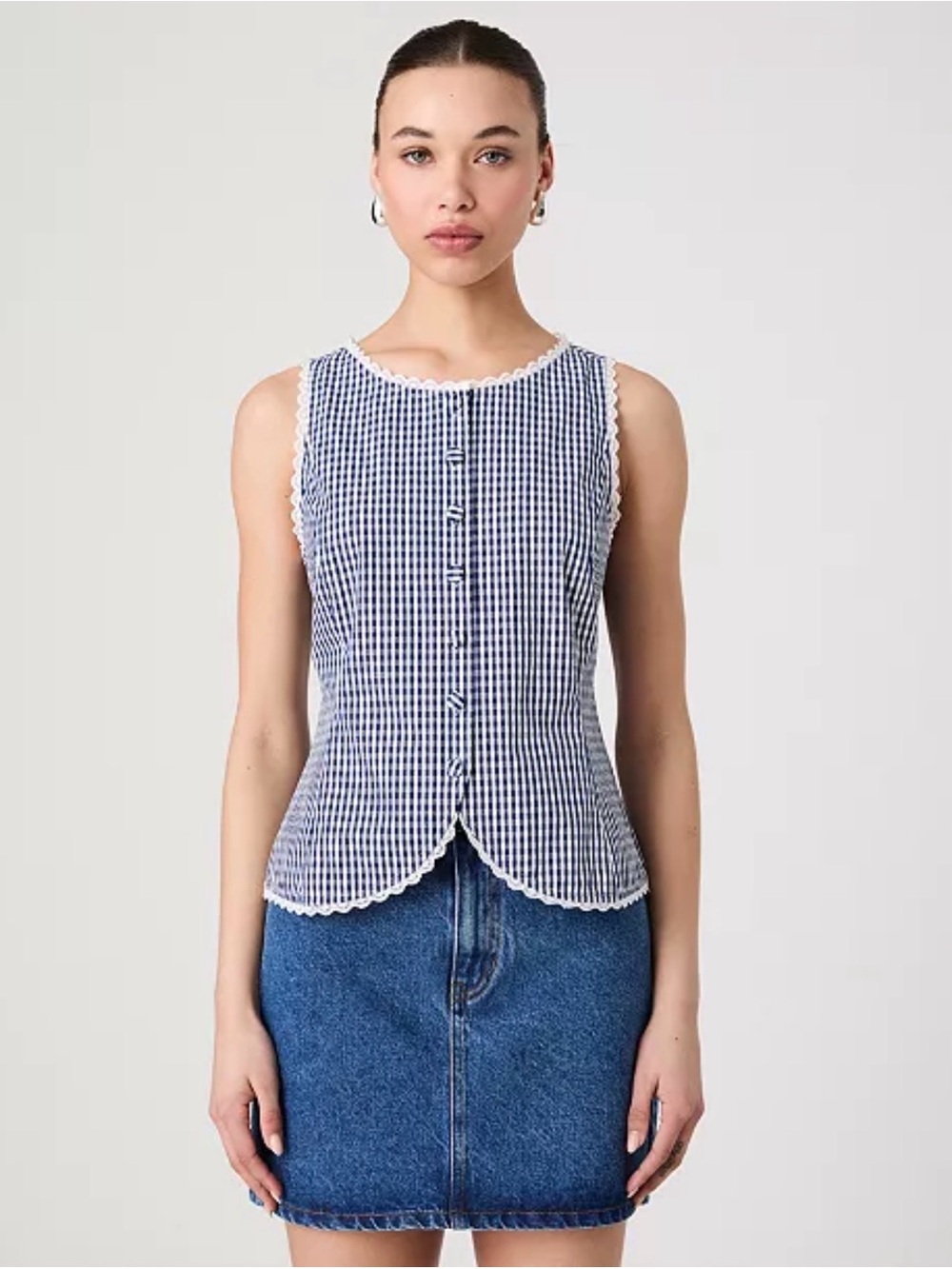 French Connection  Gingham Button-Front Top with Scallop Trim